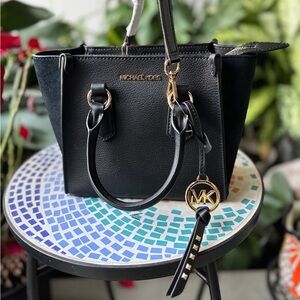 NWT Michael Kors Kris Black Leather Satchel with Gold Accents,Handles and Strap.